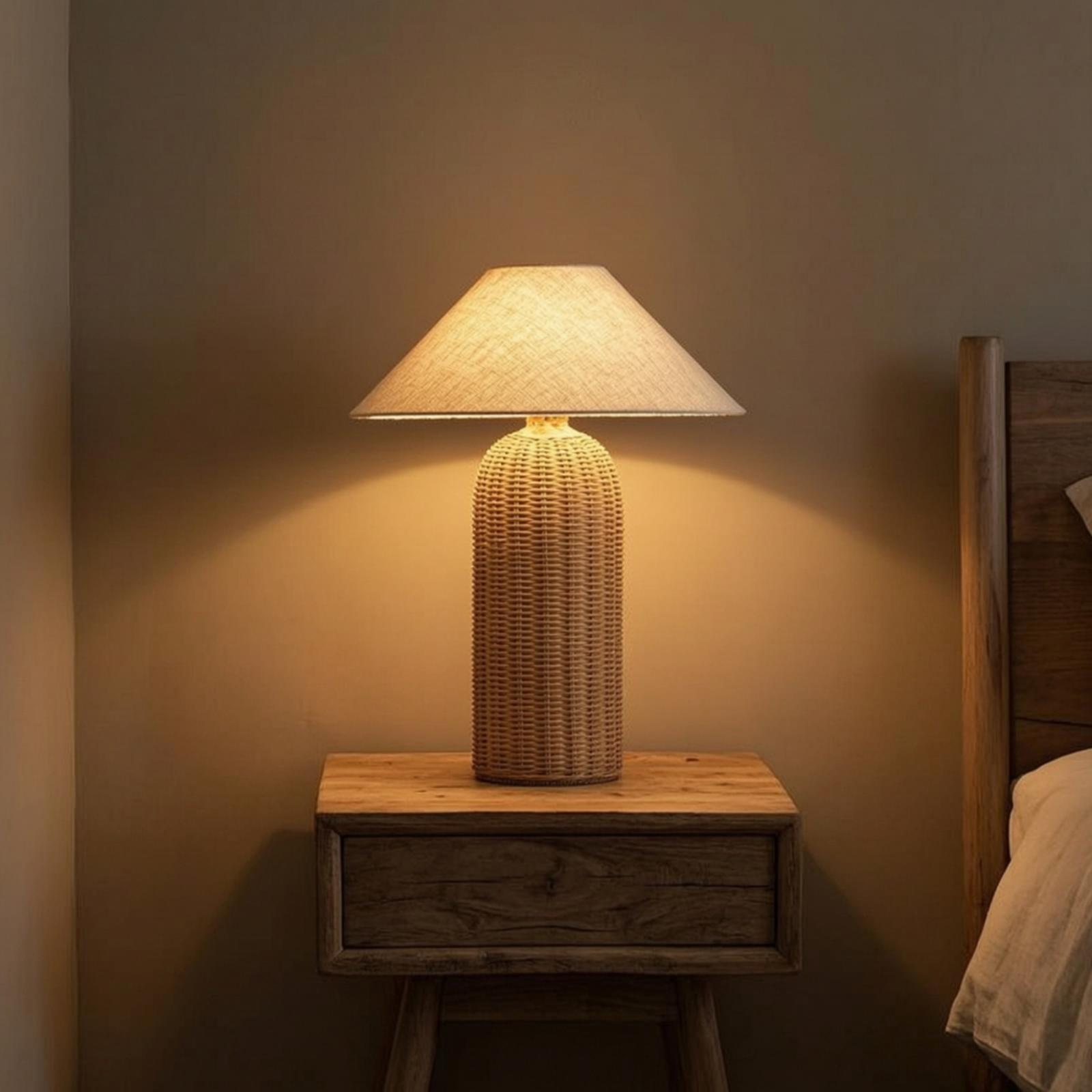Desk Setup Lamp - Nachttischlampe mit Rattanfuß und Stoffschirm, Dekorative