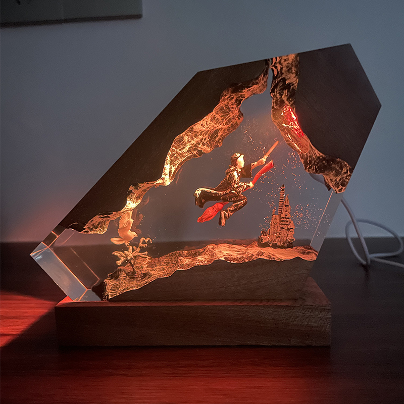 Desk Setup Lamp - Holz-Harz-Epoxid-Lampe Zauberer-Junge & Eule Nachtlicht Individualisierte